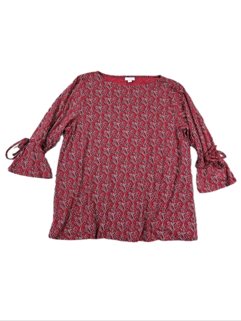 J. Jill Knit Top Red Floral Tie Cuff 3/4 Sleeve Boat Neck Casual Office Modest